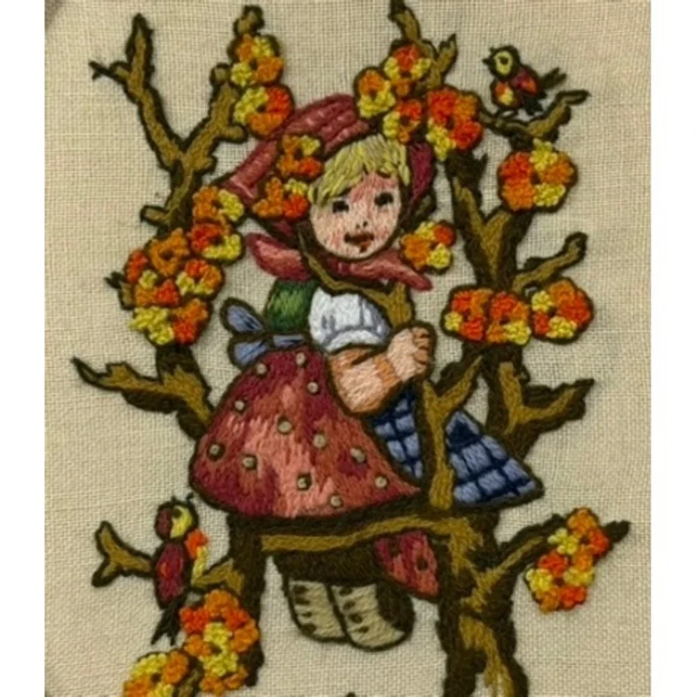 Vintage Hummel Apple Tree Girl Needlepoint Framed Oval Embroidery Wall Art 13x11